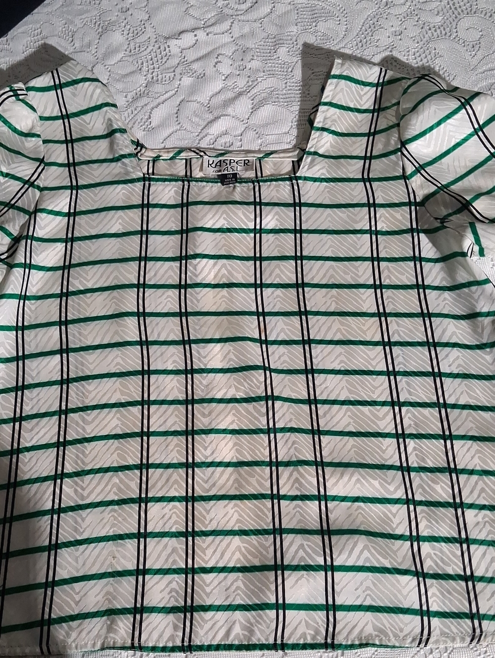 Kasper White Top with Green and Black Windowpane Stripes